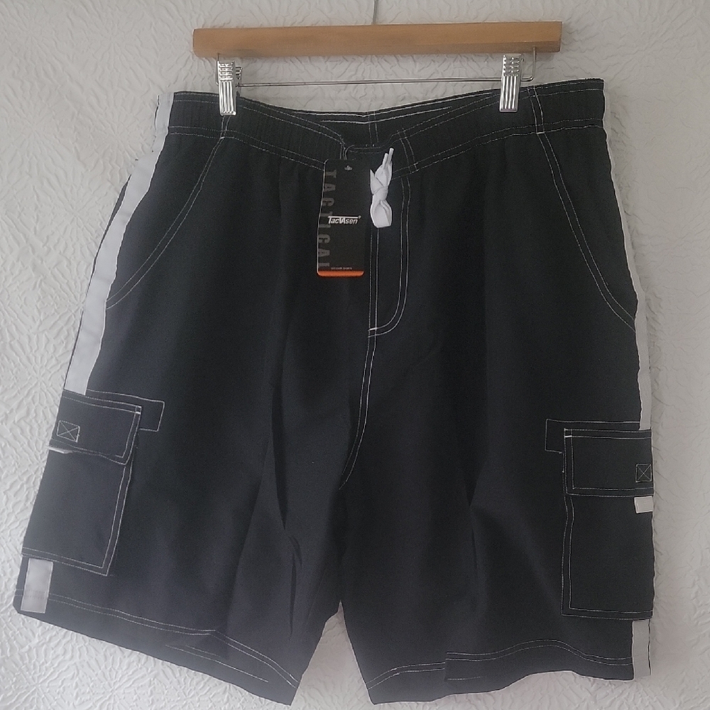 Men's Black Cargo Shorts with White Accents
